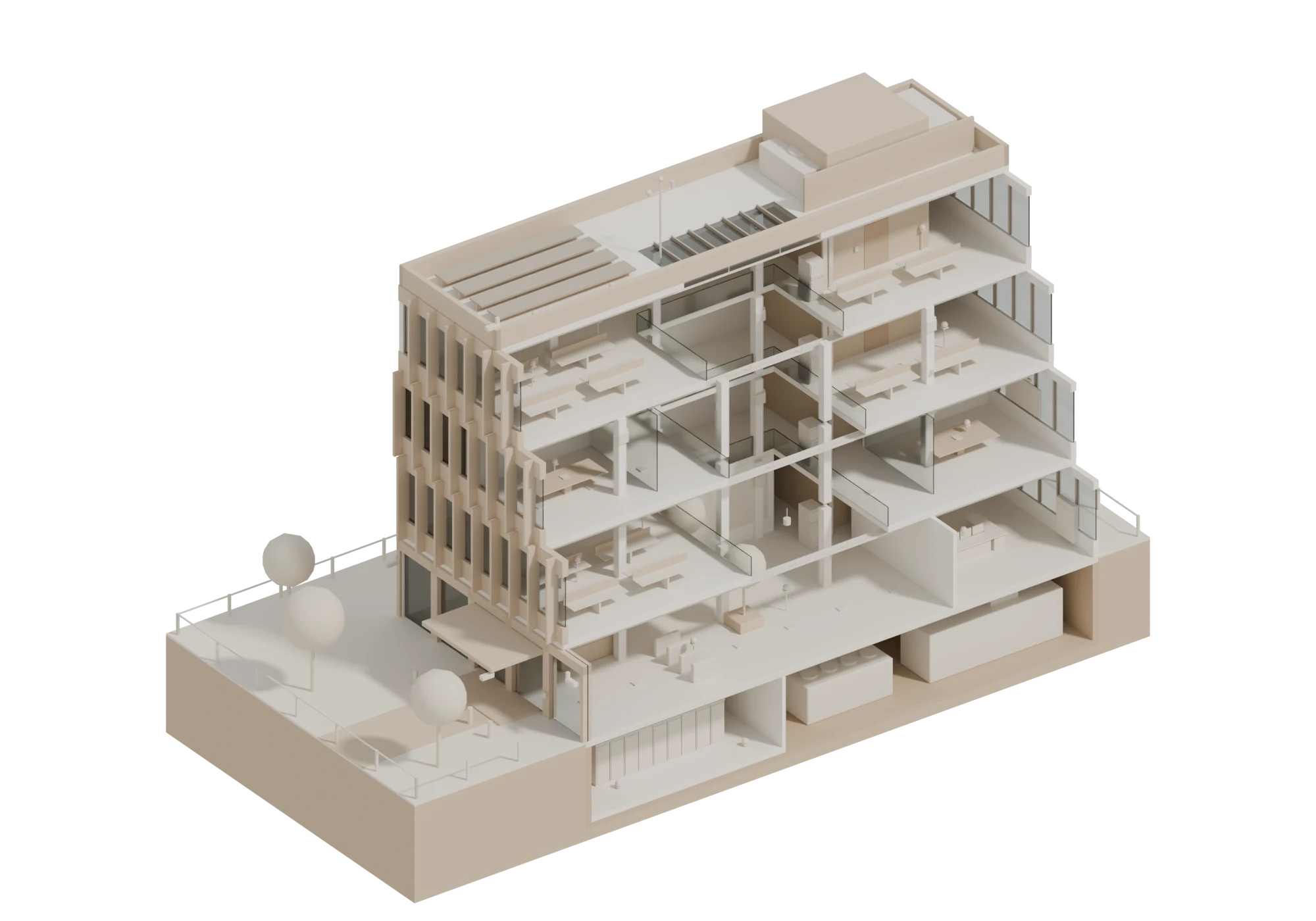 Concept illustration: a cutaway of a multi-storey building showing floors, an atrium, a plant level and a roof